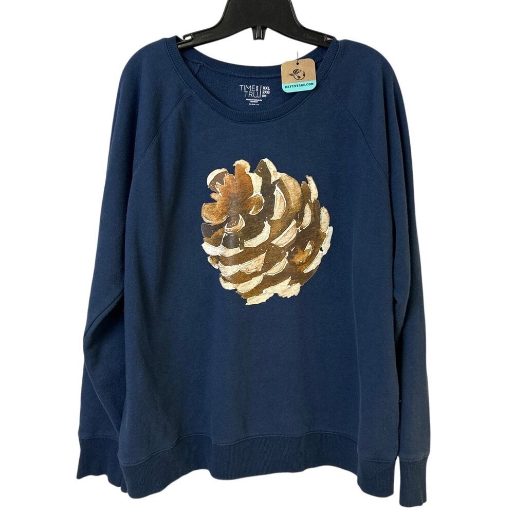 Upcycled Hand Printed Womens XXL Rustic Pinecone Long Sleeve Sweatshirt